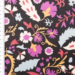 Cord Stoff Feincord Alio2 Blumen Blätter schwarz lila 1,4m Breite