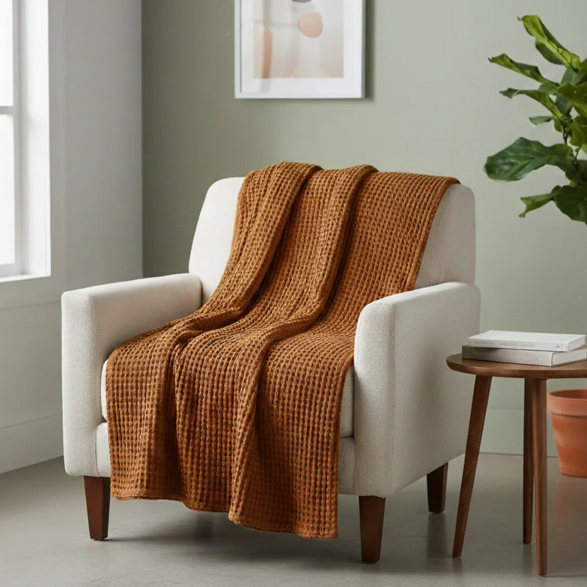 Decke Plaid mit Waffelstruktur aus Baumwolle terracotta-braun 160x130cm