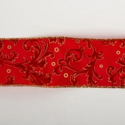 Dekoband Arabesque mit Velour und Metalldraht rot gold 6,4cm Breite