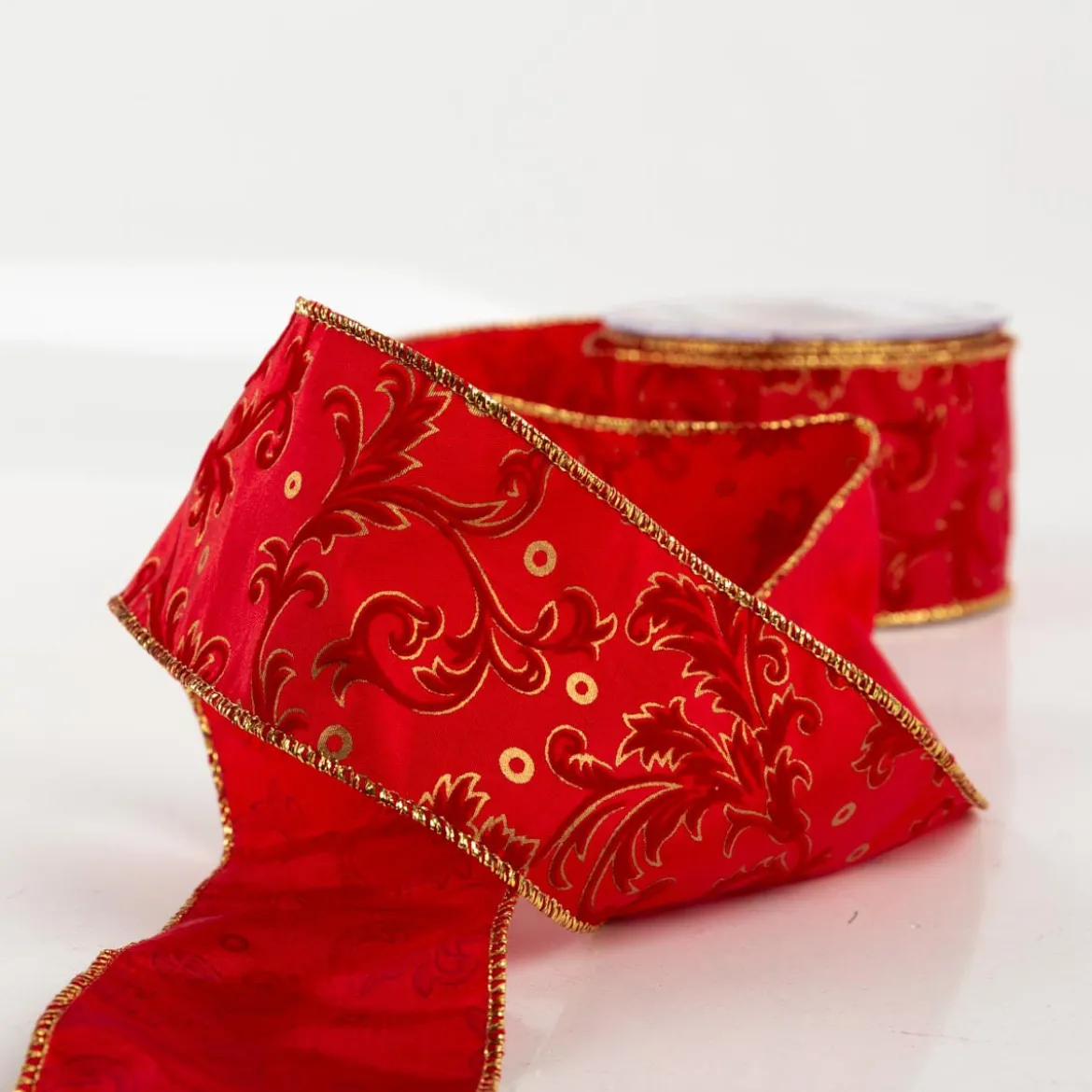 Dekoband Arabesque mit Velour und Metalldraht rot gold 6,4cm Breite
