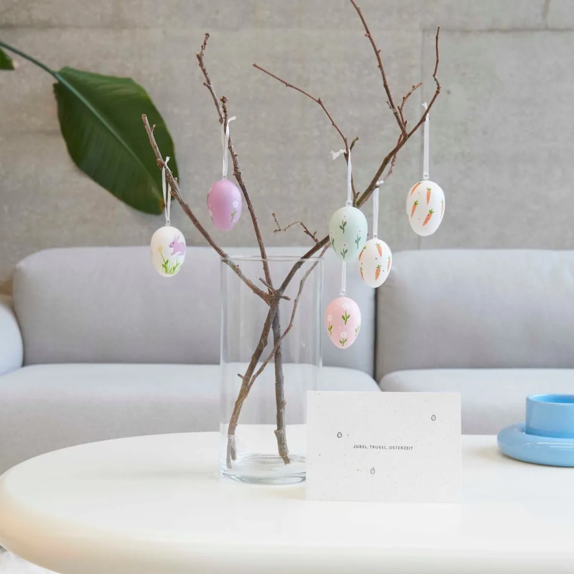 Deko Eier zum Hängen aus Kunststoff Blumen Karotten weiß lila mint 6 Stück 4x6cm von Rico Design