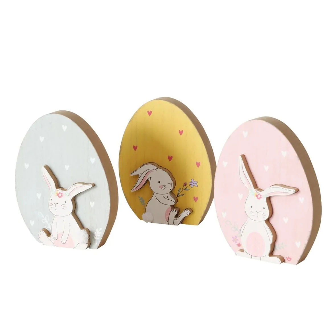 Dekofigur Ei mit Hasen Cut-Out aus MDF in rosa mint oder gelb 14x2,5x18cm
