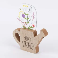 Dekofigur Gießkanne mit Blumen aus MDF Hello Spring oder Spring is in the Air natur bunt 14x2x17cm