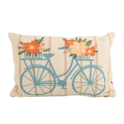 Dekokissen Baumwolle Fahrrad mit Blumen Streifen natur türkis orange 40x60cm