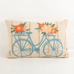 Dekokissen Baumwolle Fahrrad mit Blumen Streifen natur türkis orange 40x60cm