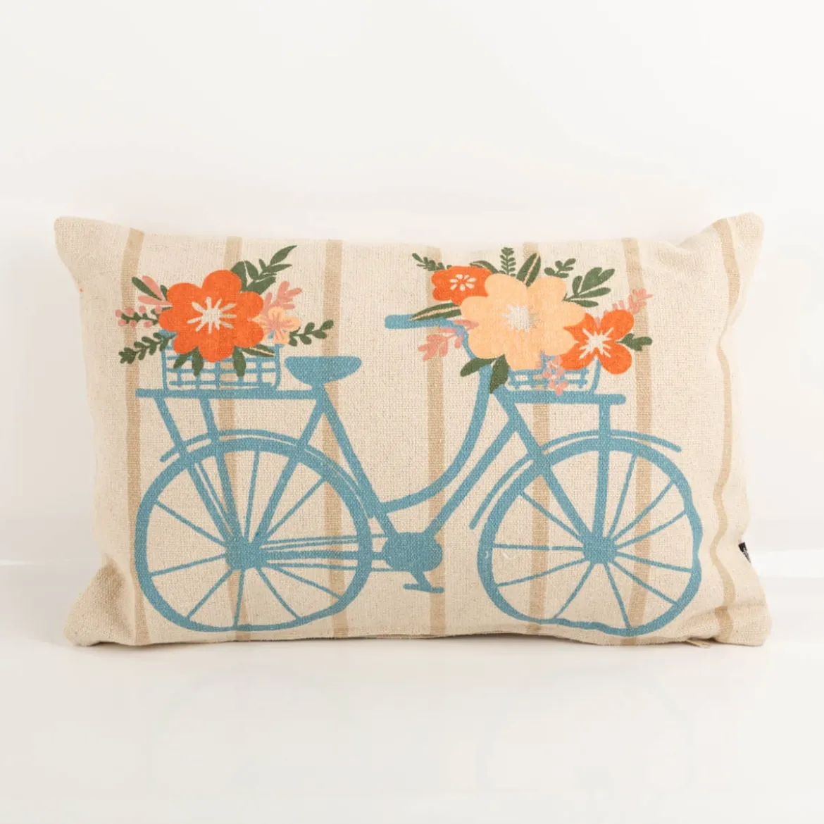 Dekokissen Baumwolle Fahrrad mit Blumen Streifen natur türkis orange 40x60cm