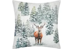 Dekokissen Hirsch im Winterwald Leinenoptik natur grün 45x45cm