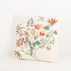 Dekokissen Leinenstruktur Vögel Blumen Blätter natur marsala grün 45x45cm