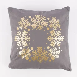 Deko Kissen mit Foliendruck Schneeflocken Kranz grau goldfarbig 40x40cm