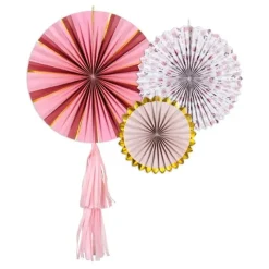 Deko Rosetten Blumen 3er Set Papier rosa weiß goldfarbig verschieden groß