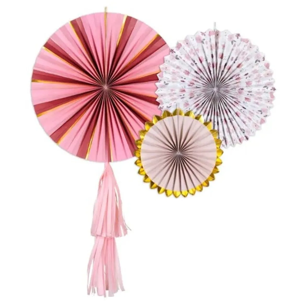 Deko Rosetten Blumen 3er Set Papier rosa weiß goldfarbig verschieden groß