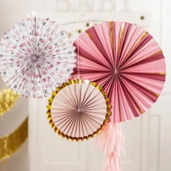 Deko Rosetten Blumen 3er Set Papier rosa weiß goldfarbig verschieden groß