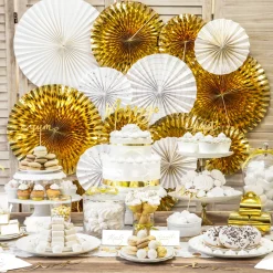 Deko Rosetten Papier 4er Set weiß goldfarbig versch. Größen
