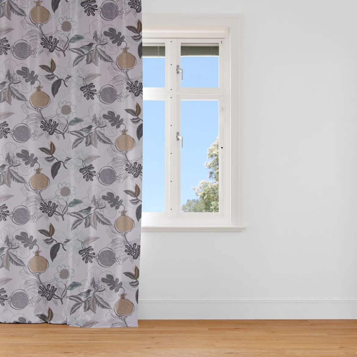 Dekostoff Baumwolle DIVALI Blumen Blüten Blätter Vogel weiß grau mint braun 1,5m Breite