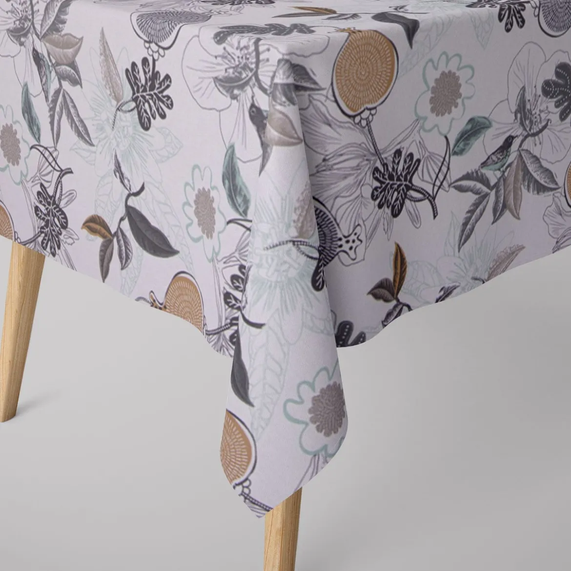 Dekostoff Baumwolle DIVALI Blumen Blüten Blätter Vogel weiß grau mint braun 1,5m Breite