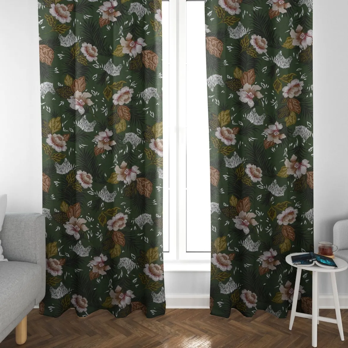 Dekostoff Baumwolle ZOOP Blumen Zebra grün braun weiß schwarz 1,5m Breite