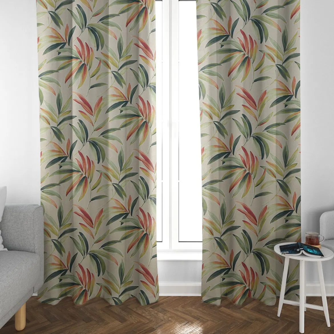 Dekostoff Baumwollstoff Blätter Zweige beige grün rot 1,40m Breite