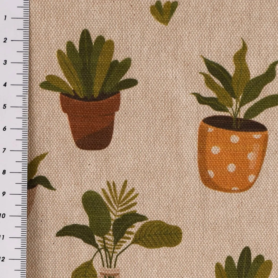 Dekostoff Baumwollstoff Blätter Pflanzen Vase Pflanztopf natur gelb grün braun1,40m Breite