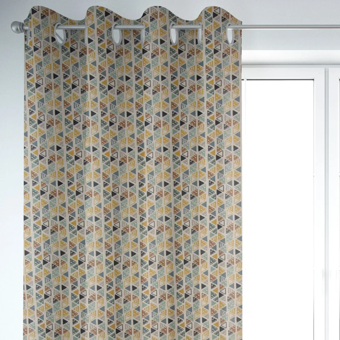 Dekostoff Baumwollstoff Dreiecke in Reihen beige petrol ocker schwarz 1,4m Breite