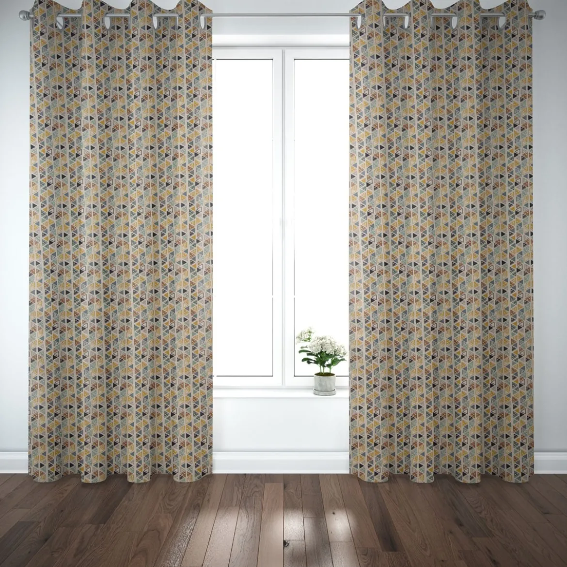 Dekostoff Baumwollstoff Dreiecke in Reihen beige petrol ocker schwarz 1,4m Breite