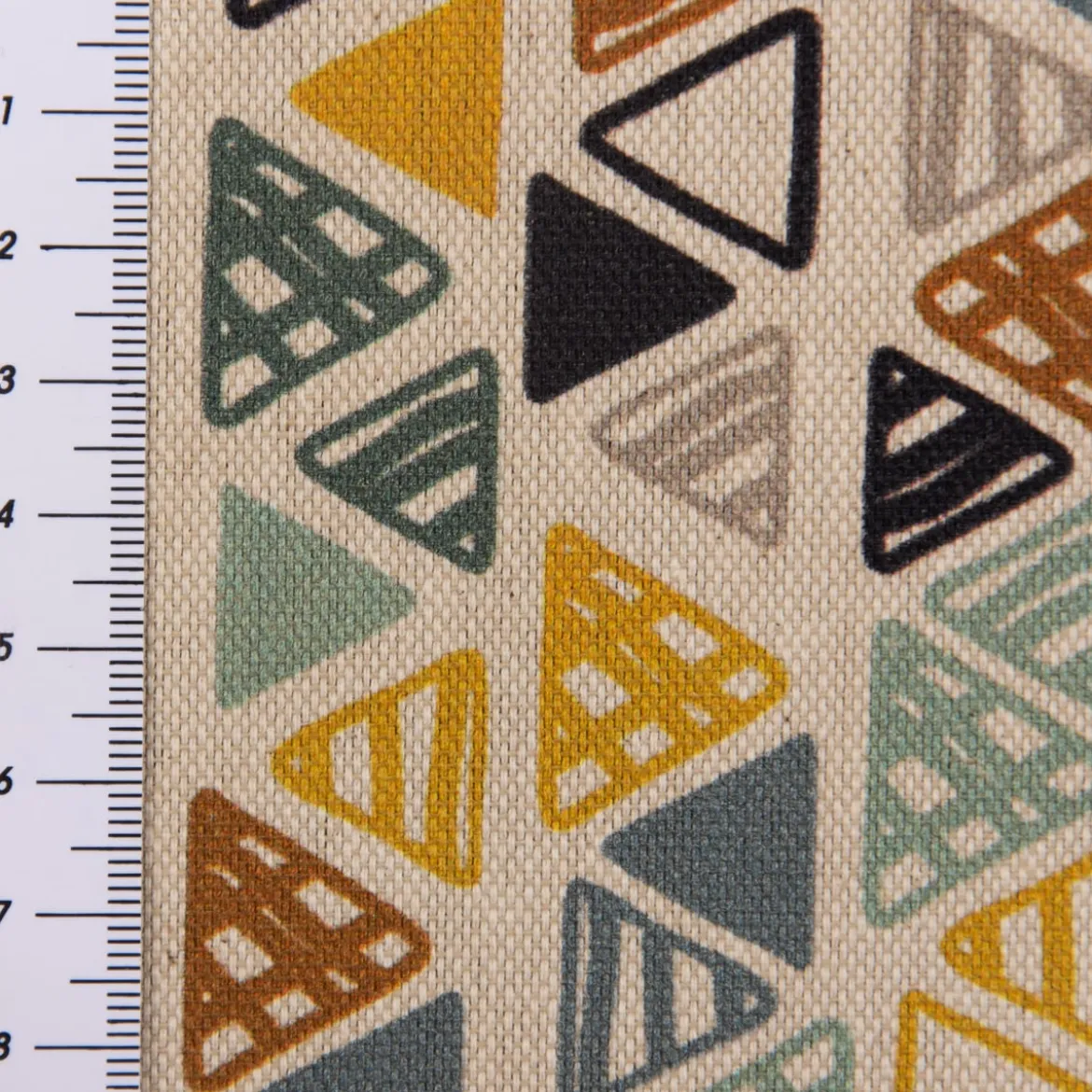 Dekostoff Baumwollstoff Dreiecke in Reihen beige petrol ocker schwarz 1,4m Breite