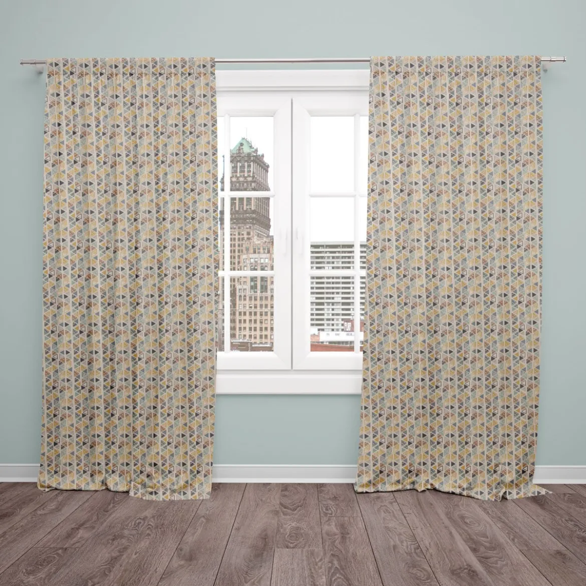 Dekostoff Baumwollstoff Dreiecke in Reihen beige petrol ocker schwarz 1,4m Breite