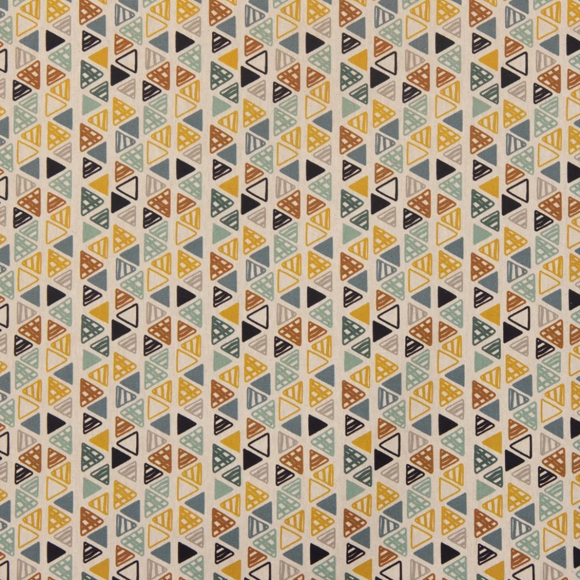Dekostoff Baumwollstoff Dreiecke in Reihen beige petrol ocker schwarz 1,4m Breite