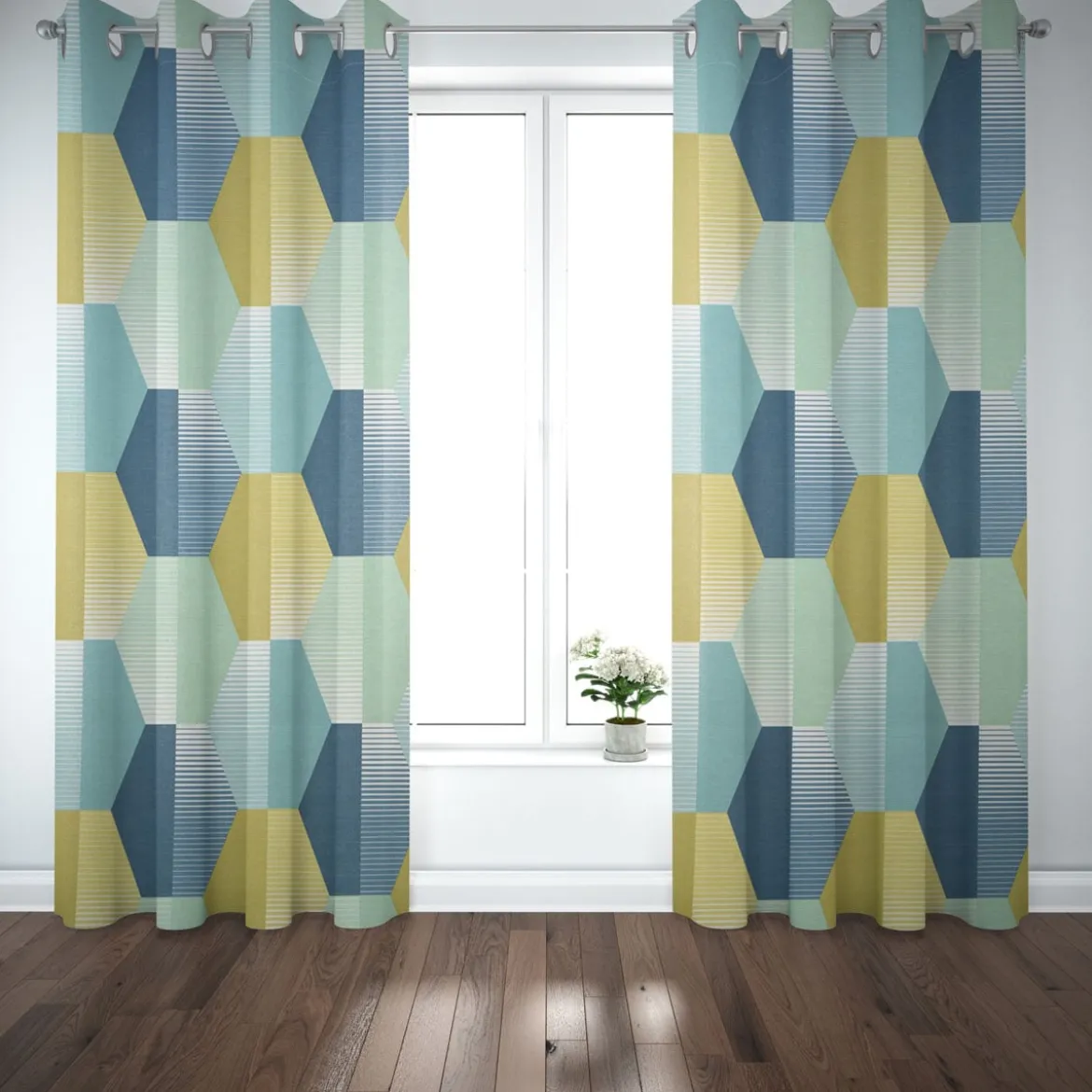 Dekostoff Baumwollstoff geometrisch Retro Sechseck blau grün weiß 1,4m Breite
