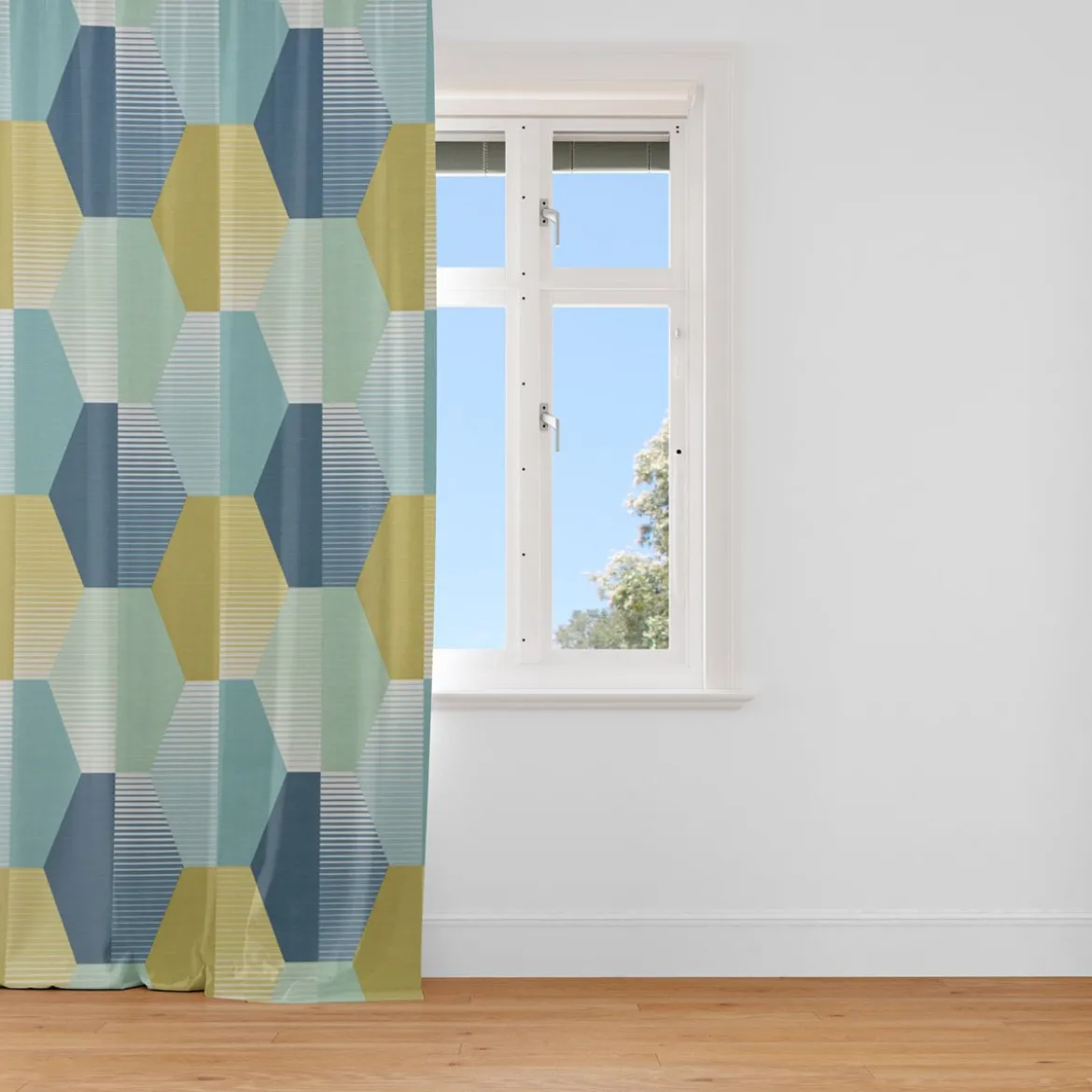 Dekostoff Baumwollstoff geometrisch Retro Sechseck blau grün weiß 1,4m Breite