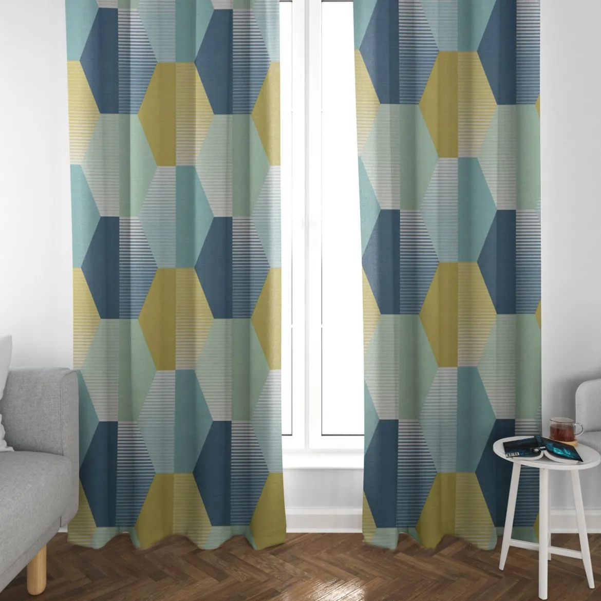 Dekostoff Baumwollstoff geometrisch Retro Sechseck blau grün weiß 1,4m Breite