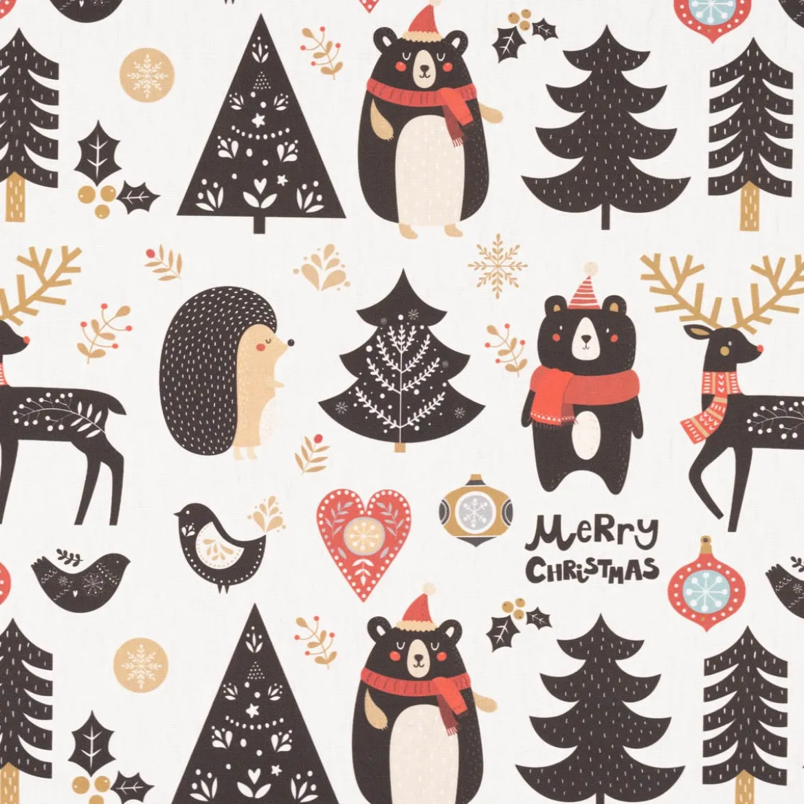 Dekostoff Baumwollstoff Halbpanama Weihnachtsstoff Merry Christmas Bär Igel Hirsch Baum ecru schwarz rot 1,40m Breite