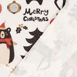 Dekostoff Baumwollstoff Halbpanama Weihnachtsstoff Merry Christmas Bär Igel Hirsch Baum ecru schwarz rot 1,40m Breite