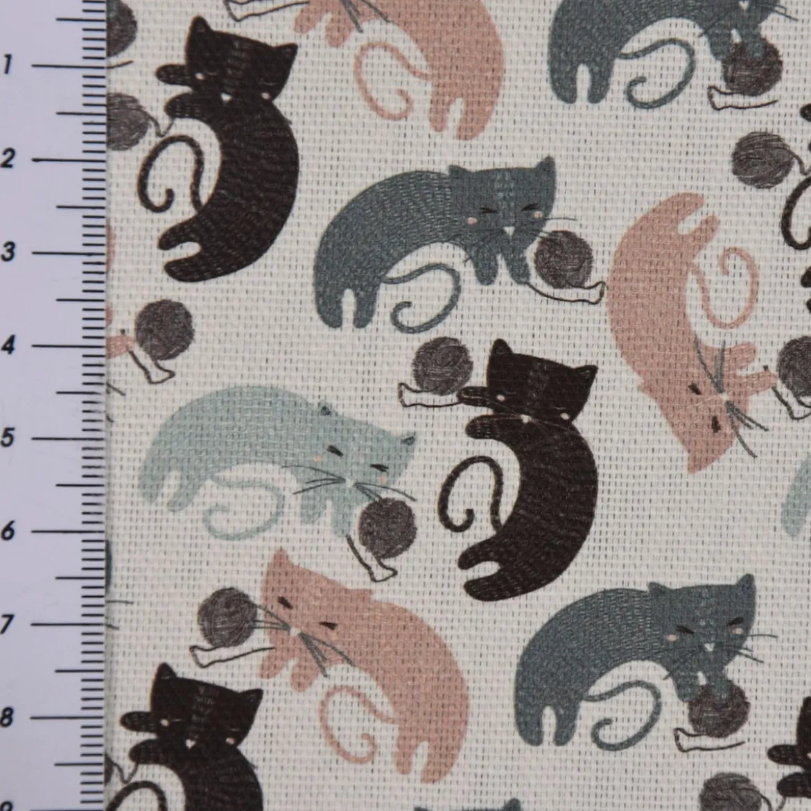 Dekostoff Baumwollstoff Halbpanama Katzen mit Wollknäuel weiß mint rosa schwarz 1,40m Breite