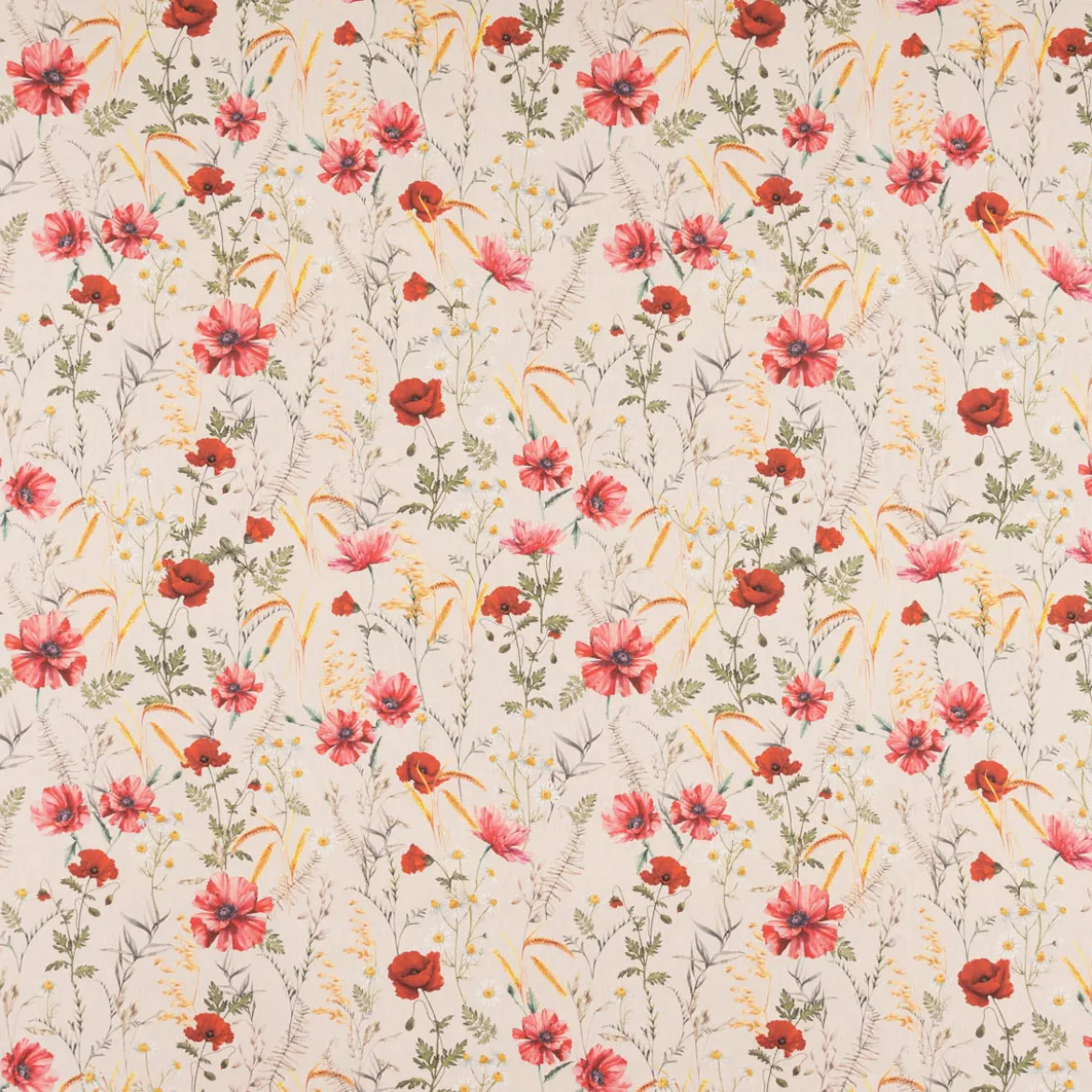 Dekostoff Baumwollstoff Halbpanama Poppy Mohnblumen Kamille Getreide beige rot 1,40m Breite