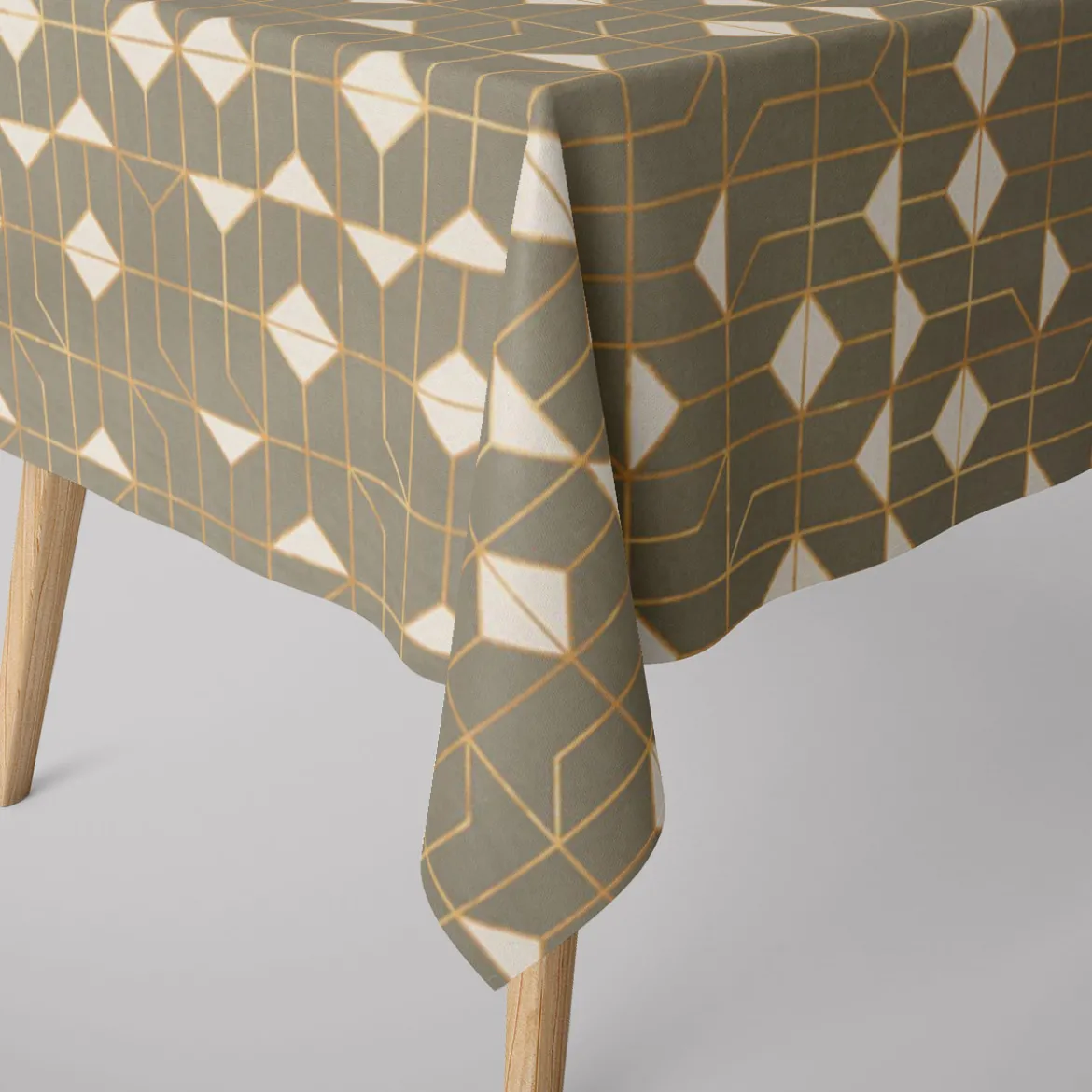 Dekostoff Baumwollstoff Halbpanama Navani3 Art Deco Geometrie khakigrün gold beige 1,40m Breite