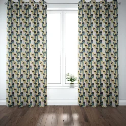 Dekostoff Baumwollstoff Halbpanama Digitaldruck Retroformen Geometrie grün blau 1,40m Breite