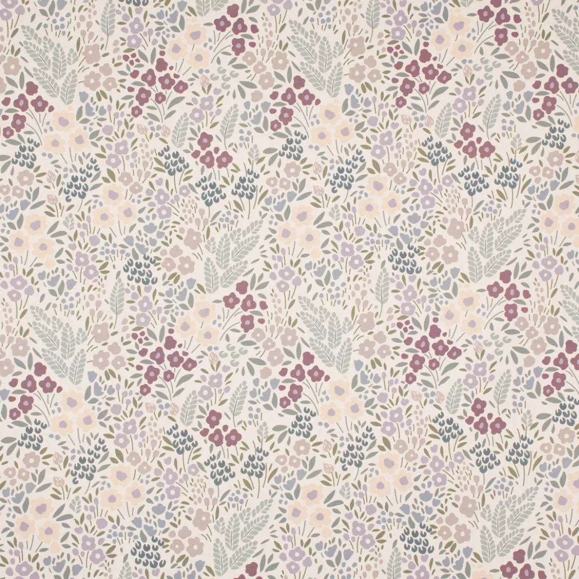 Dekostoff Baumwollstoff Halbpanama Digitaldruck Allover Blumenwiese weiß lila 1,40m Breite