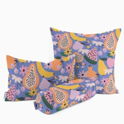Dekostoff Baumwollstoff Halbpanama Digitaldruck Retro Pop Obst Blumen lila bunt 1,40m Breite