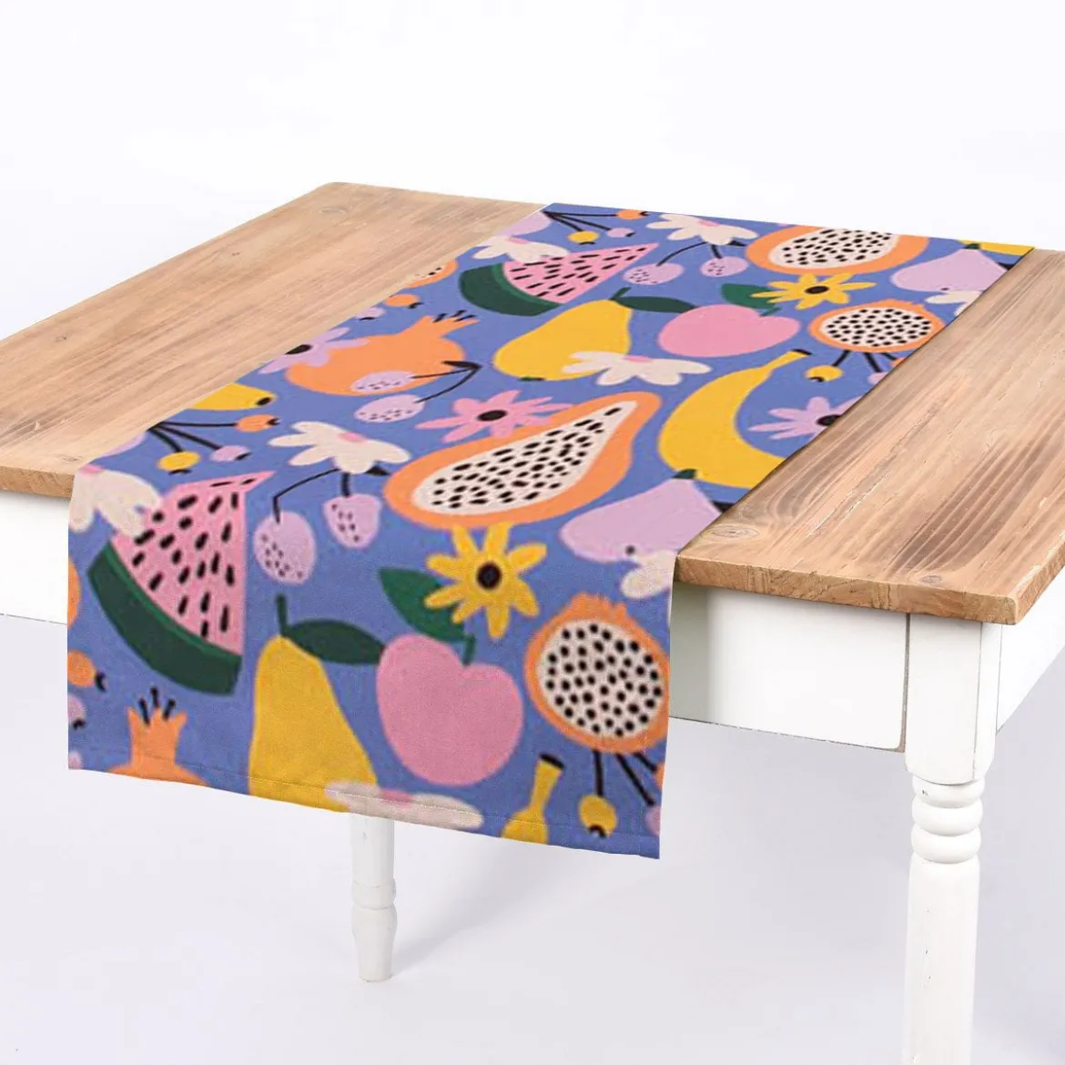 Dekostoff Baumwollstoff Halbpanama Digitaldruck Retro Pop Obst Blumen lila bunt 1,40m Breite