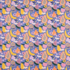 Dekostoff Baumwollstoff Halbpanama Digitaldruck Retro Pop Obst Blumen lila bunt 1,40m Breite