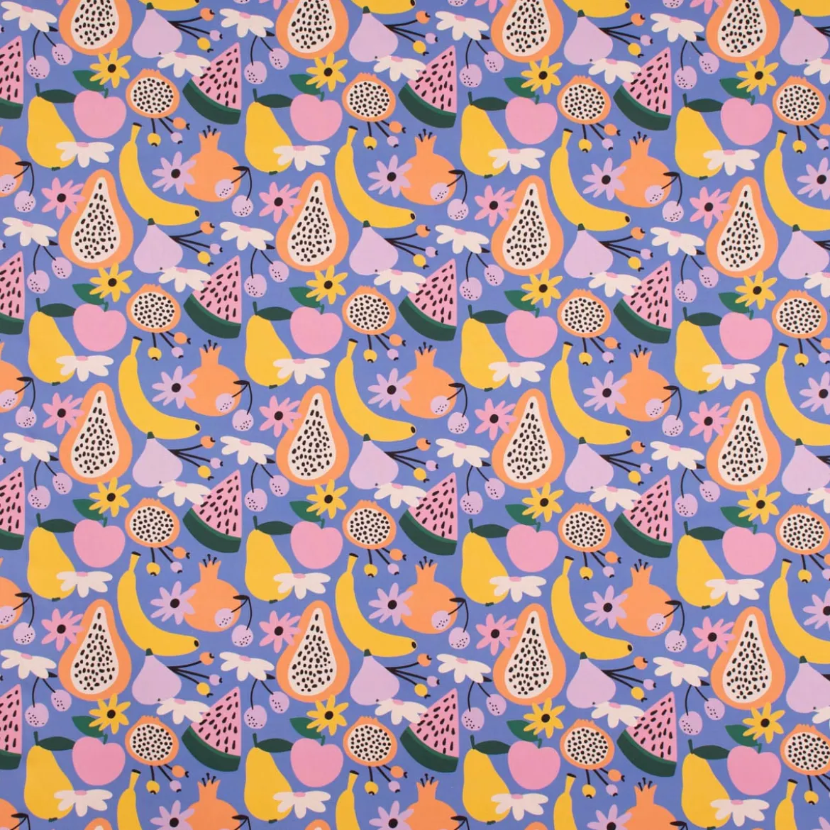 Dekostoff Baumwollstoff Halbpanama Digitaldruck Retro Pop Obst Blumen lila bunt 1,40m Breite
