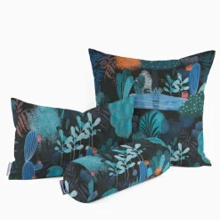 Dekostoff Baumwollstoff Halbpanama Digitaldruck Fantasia Bäume Kakteen Pflanzen blau pink orange 1,40m Breite