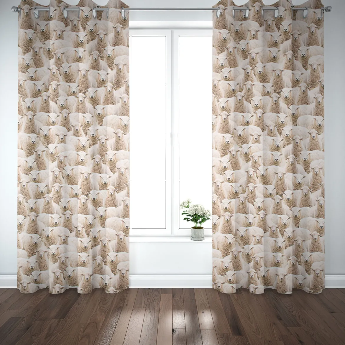 Dekostoff Baumwollstoff Halbpanama Sheep Flock Schafherde beige 1,40m Breite