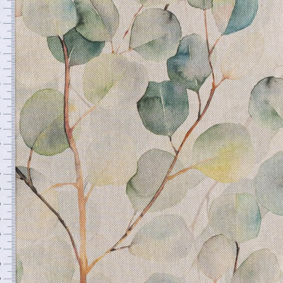 Dekostoff Baumwollstoff Leinenlook Digitaldruck Eucalyptus Boho Leaf Eukalyptus Blätter natur grün 1,40m Breite