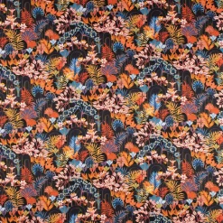 Dekostoff Baumwollstoff Satin Digitaldruck Santana Art Deco Blumen Blättter schwarz bunt 140cm Breite