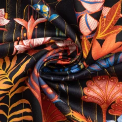 Dekostoff Baumwollstoff Satin Digitaldruck Santana Art Deco Blumen Blättter schwarz bunt 140cm Breite