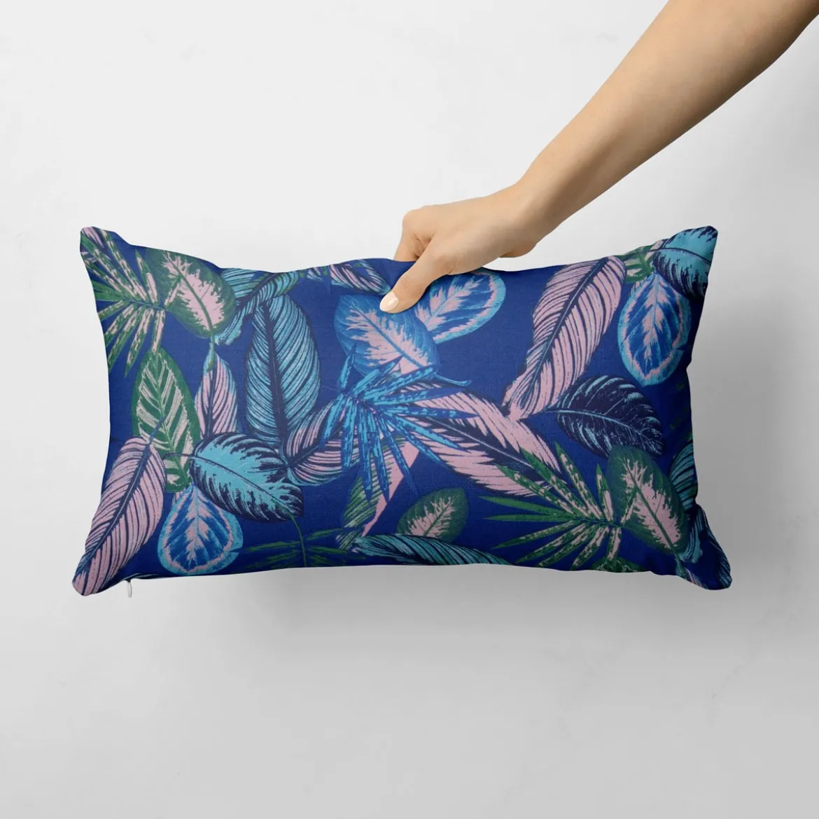 Dekostoff Canvas Ottoman Baumwollstoff Dschungelpflanzen Blätter blau hellblau grün rosa 1,40m Breite
