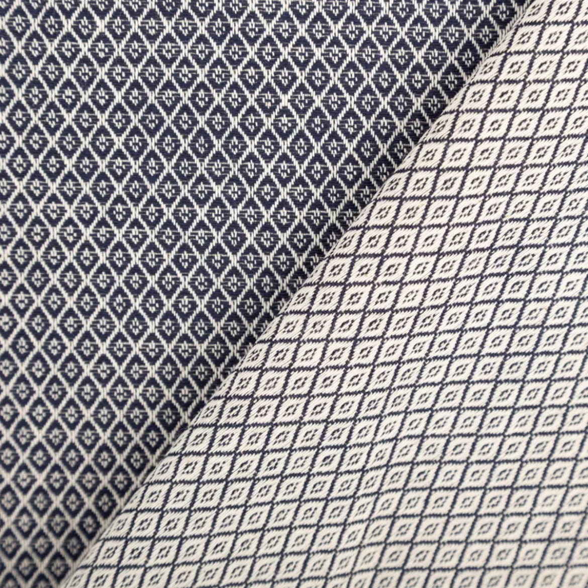 Dekostoff Dobby Diamond Mini Rauten Navy Blue dunkelblau ecru 1,40m Breite