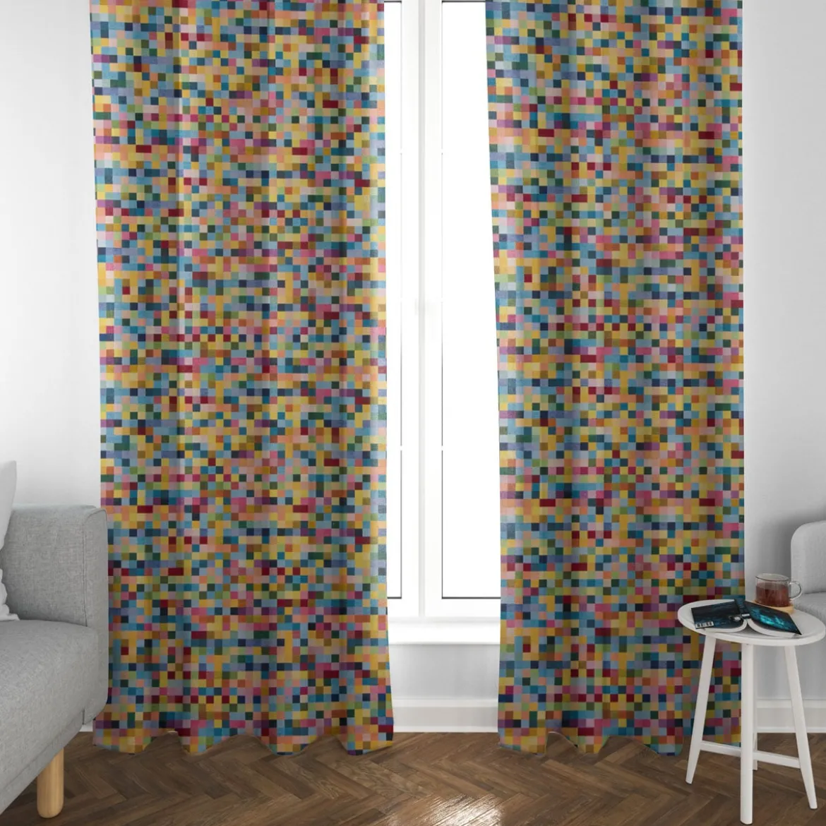 Dekostoff Doubleface Wendestoff Jacquard Kästchen Pixel bunt 1,4m Breite