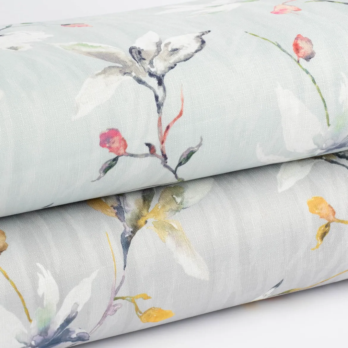 Dekostoff Druckstoff Strukturoptik Aquarell Blumen Blüten grau gelb 1,50m Breite